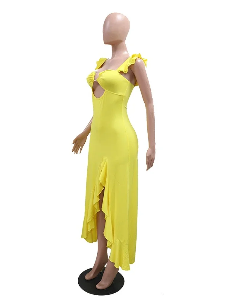 Elegante cut-out O Rings Dettagli Abiti lunghi Abiti da festa senza maniche con volant da donna Night Out Abiti Clubwear sexy 2025 Nuovo