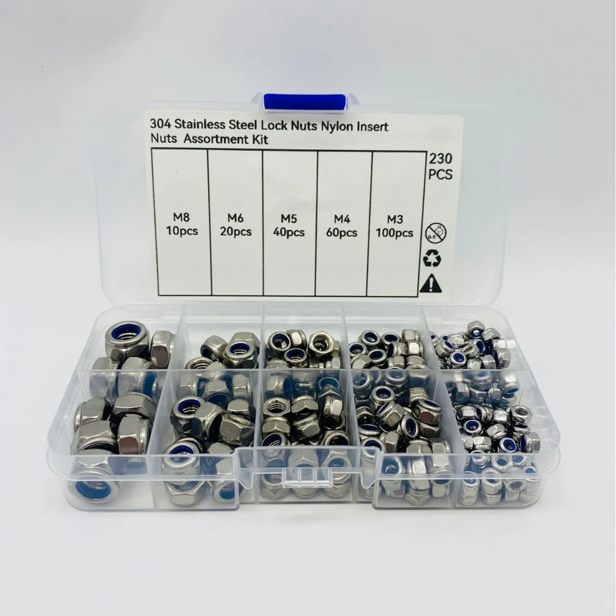 210/230Pcs Stainless Steel Nylon Lock Nuts Kit Metric Sizes M3-M12 for Automotive And General Use