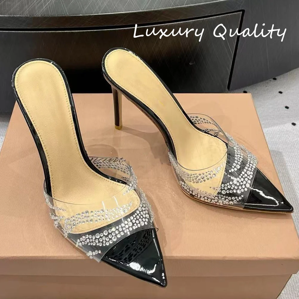 

Women's Summer Half Slippers PVC Material Diamond inlay Genuine leather sole Slender heel Spike outdoor party dress Sexy Shoes