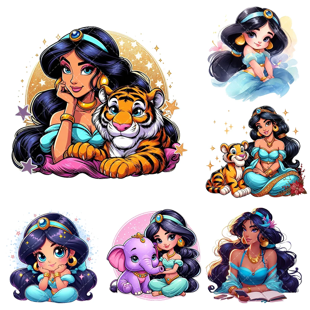 Disney princess Jasmine  Iron On Heat Transfer Stickers For Clothes DTF Pinted Vinyl Thermal Appliques Washable T-Shirt Decal