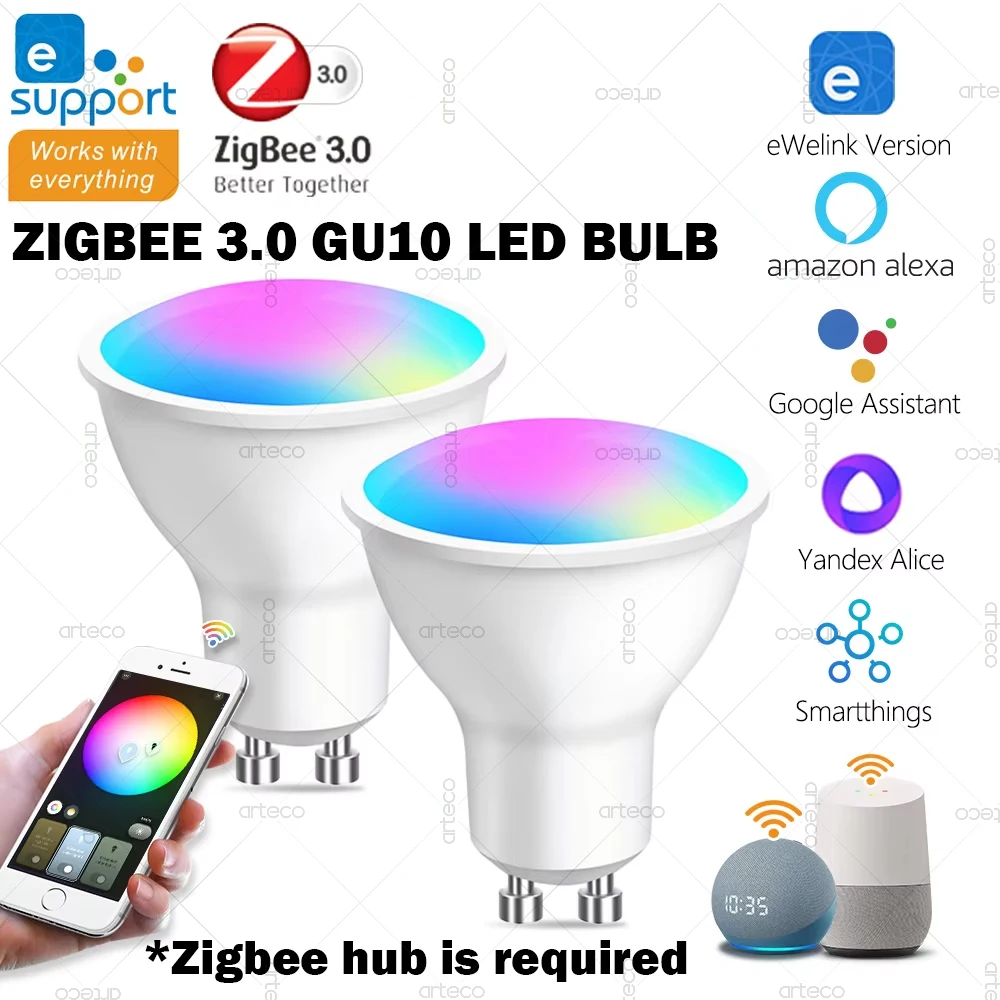 Inteligentna żarówka LED Zigbee 3.0 GU10 RGB+CW+WW, ściemnialna, sterowana głosem przez Alexa, Google Home, Yandex, eWeLink Gateway