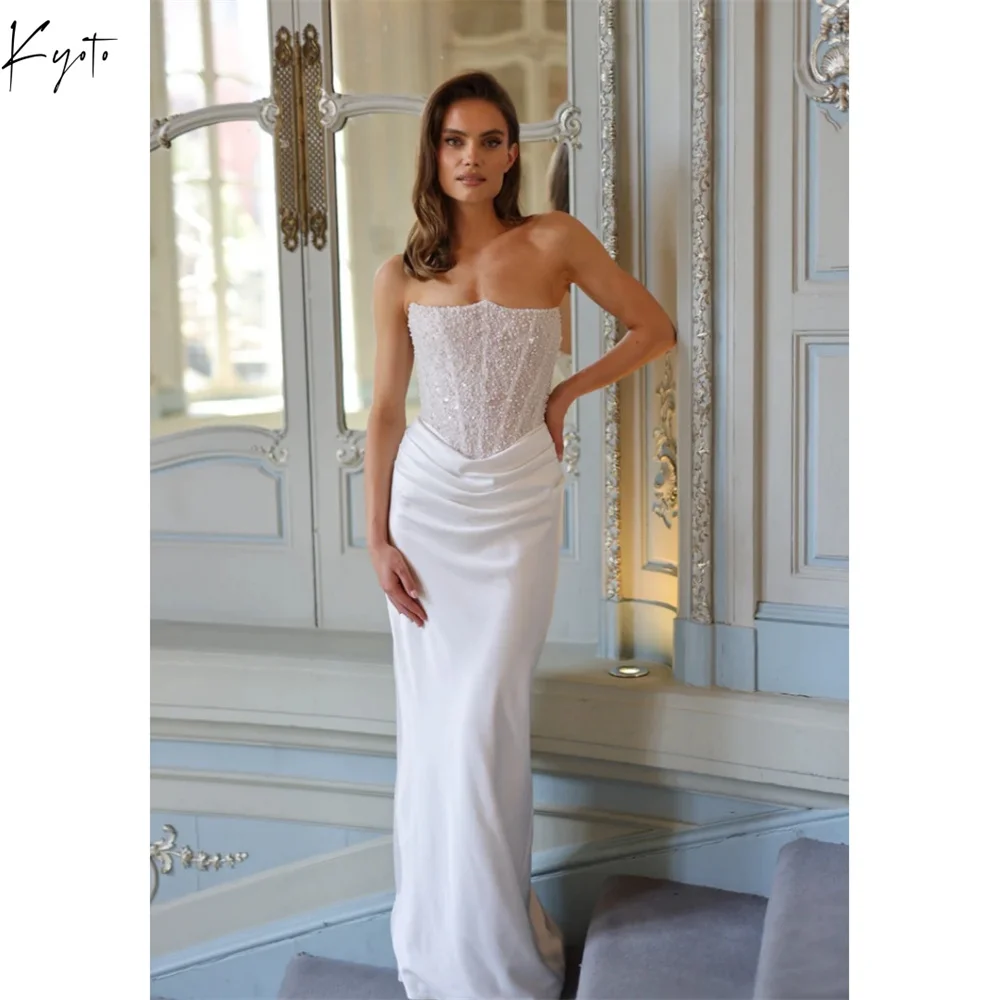 

Kyoto White Pearls Off Shoulder Wedding Dresses Lace-Up Side High Split Customized جديد في الفساتين Mermaid vestidos de novia