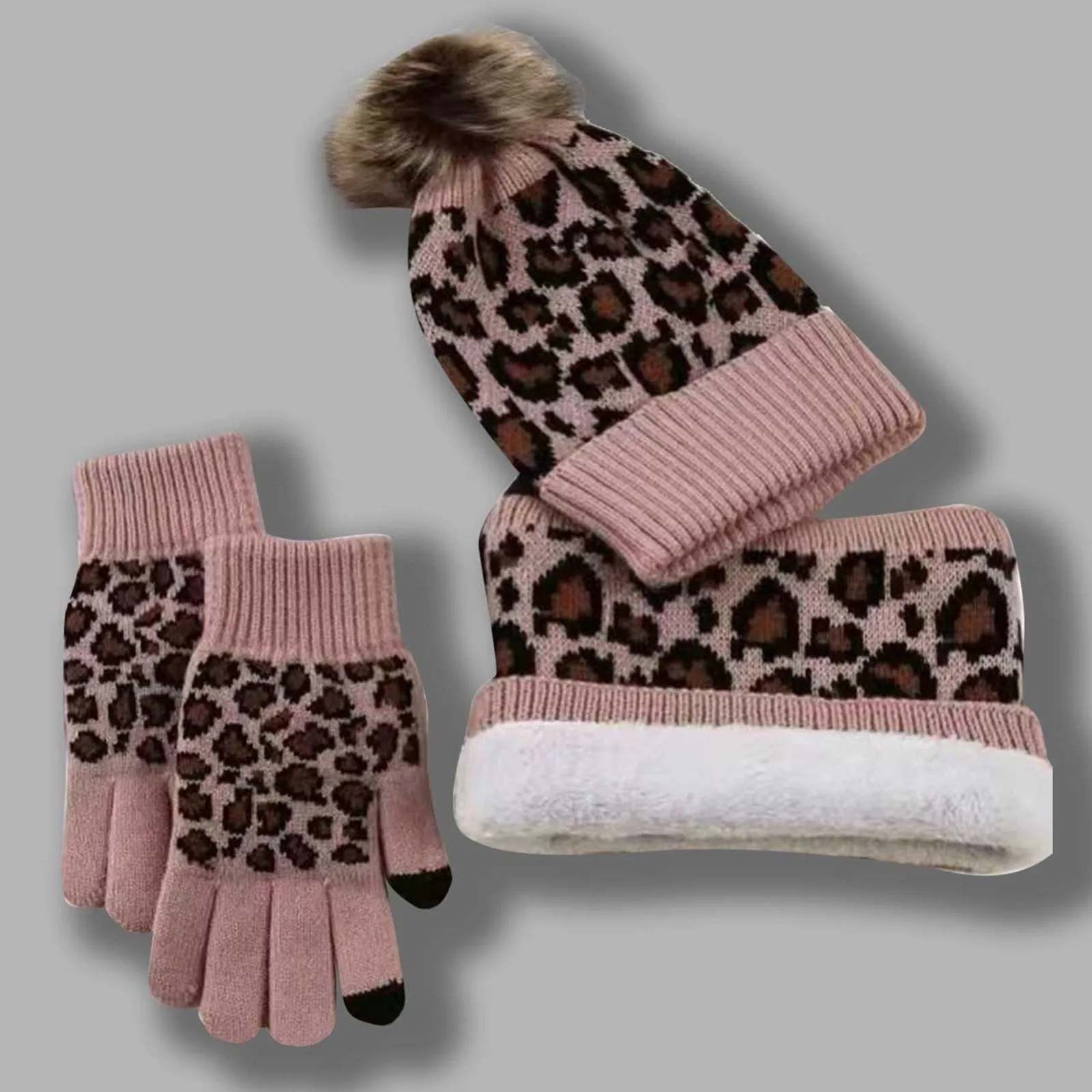 Women Winter Leopard Print Beanies Neck Scarf Gloves 3 PCS Set Warm Knitted Crochet Bonnet Plush Pullover Cap Gloves Scarves Set