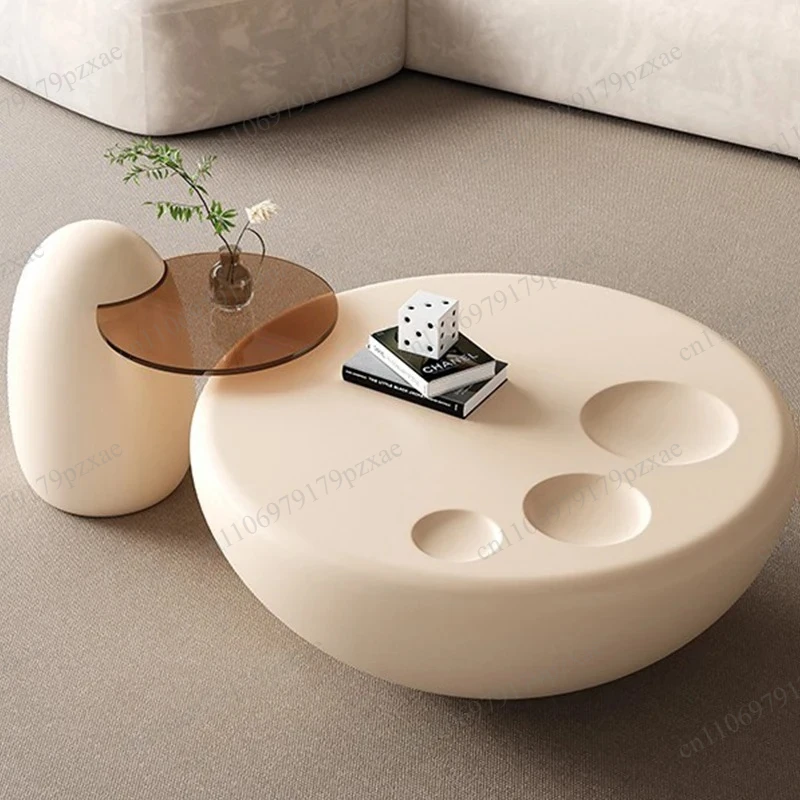 Modern Cream Cat Paw Coffee Table Space‑Saving Round TV Stand with Storage Minimalist Living Room Furniture Set with Cabinet
