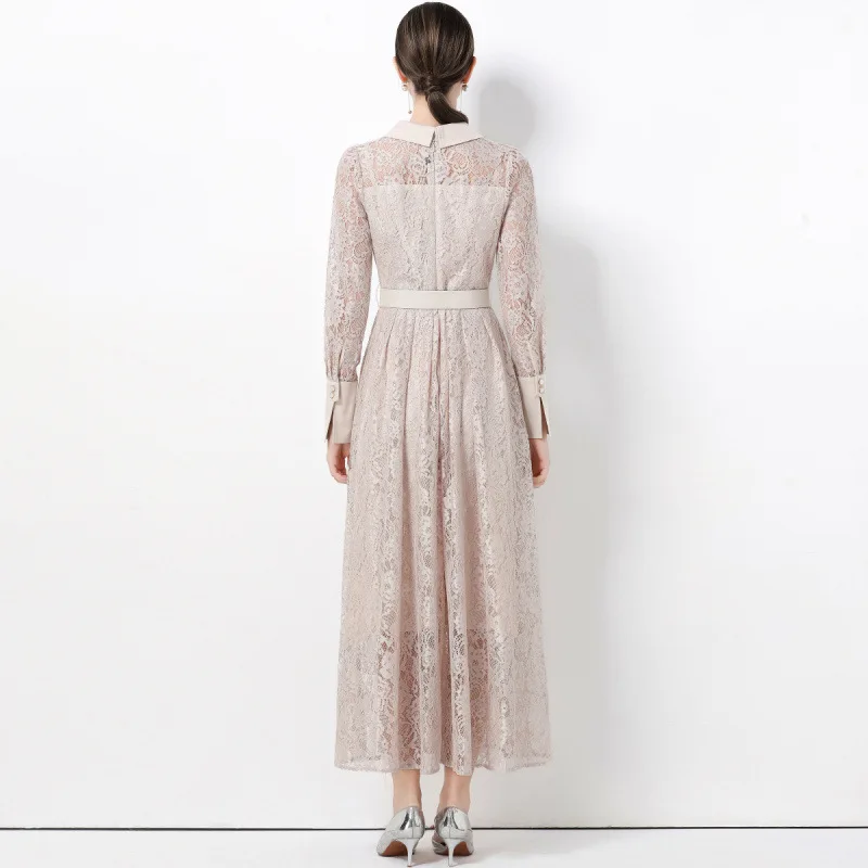 فستان أنيق بياقة بولو وأكمام طويلة وخصر مرتفع مع حزام، تصميم فرنسي ضيق من الدانتيل المحبوك البوليستر على شكل حرف A للنساء