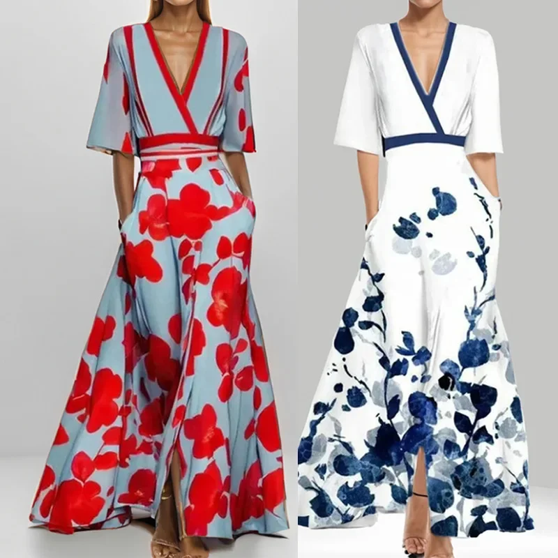 

2025 Summer New Sexy V-neck Women Dress Fashion Printed Waist Strap Female Large Skirt Dresses
