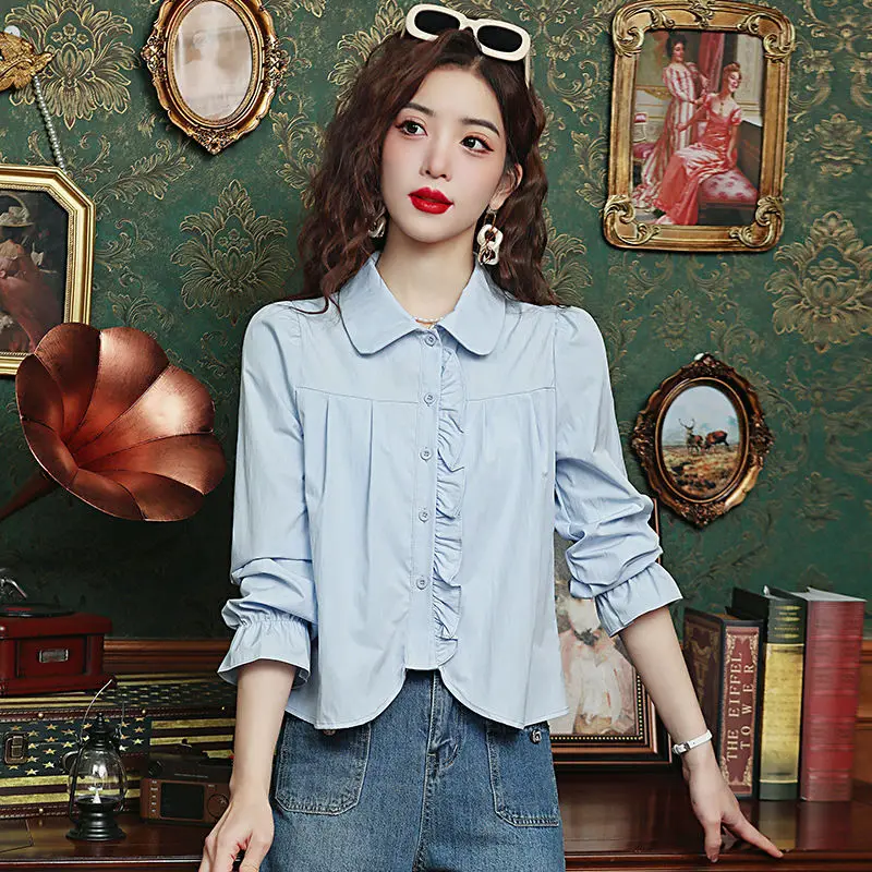 Femme 봄 여름 한국식 심플 버튼 프릴 솔리드 컬러 여성 셔츠 올 매치 패셔너블한 얇은 긴팔 탑