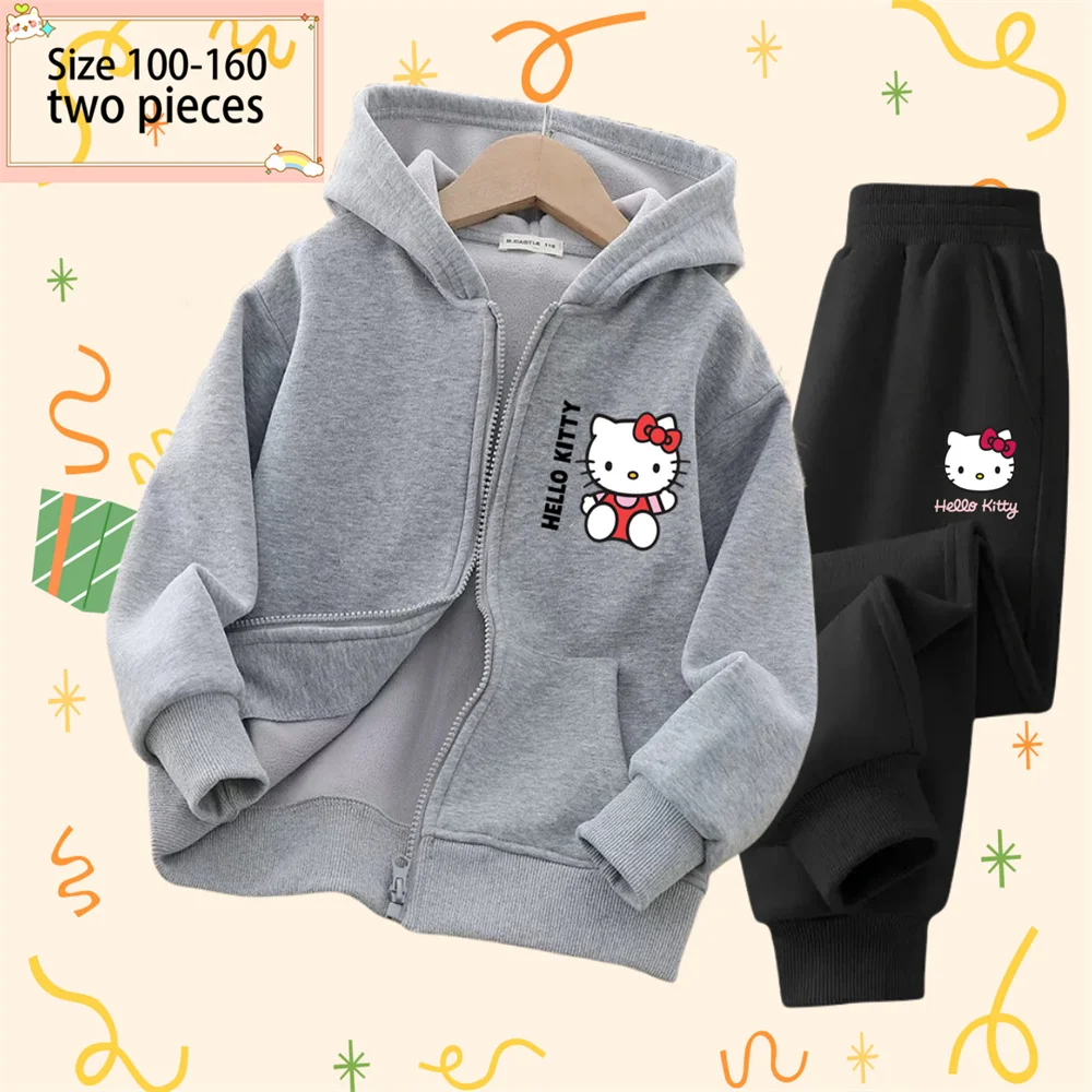 Cartoon Hello Kitty Print Hooded Zip-up Cardigan Children\'s Tracksuit Boys Girls Spring and Winter Tracksuit Set for Ages 3-14