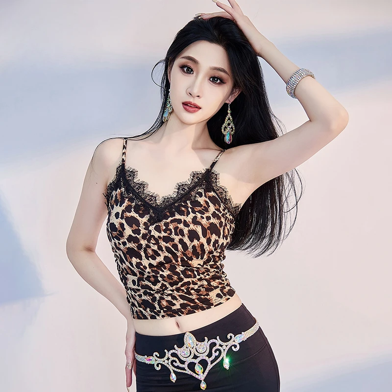 BellyDance Leopard Print Lace Top Sexy  Camisole Adults and Children Dancing Practice Clothes Women Oriental Dance Training Tops