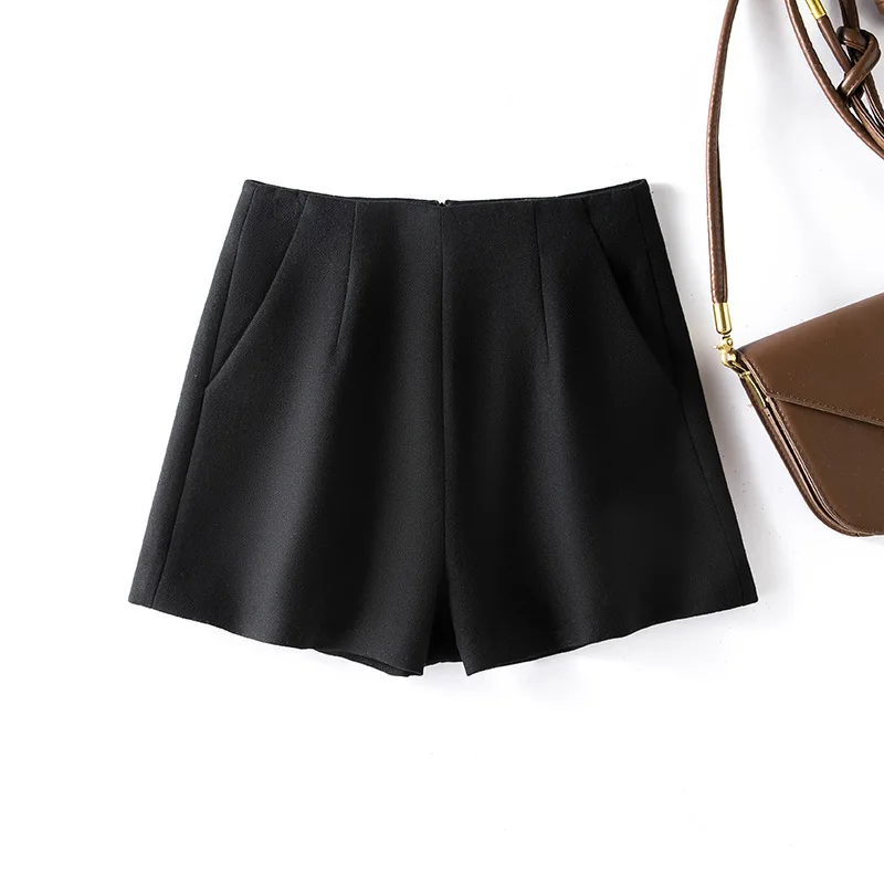 Black Woolen Shorts For Women, 2024 Autumn Winter New Item. Short Stature, Wearing It Outside, Looks Slim, High Waist, A-Line