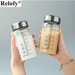 350ml Glass Milk Water Bottle with Cup Sleeve and Lid Family Portable Breakfast Coffee Juice Milk Tea Cup with Capacity Mark