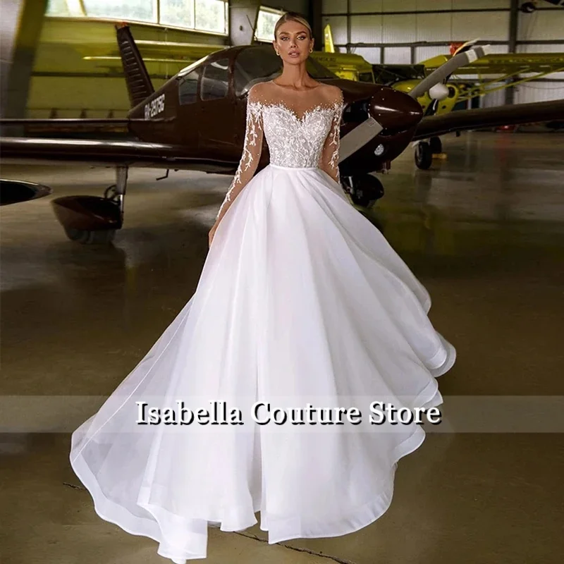 A-Line Bohemian Wedding Dress Charming Lace Applique Beads O-neck Organzeda Tulle Long Sleeve Beach Bridal Gown Custimzed