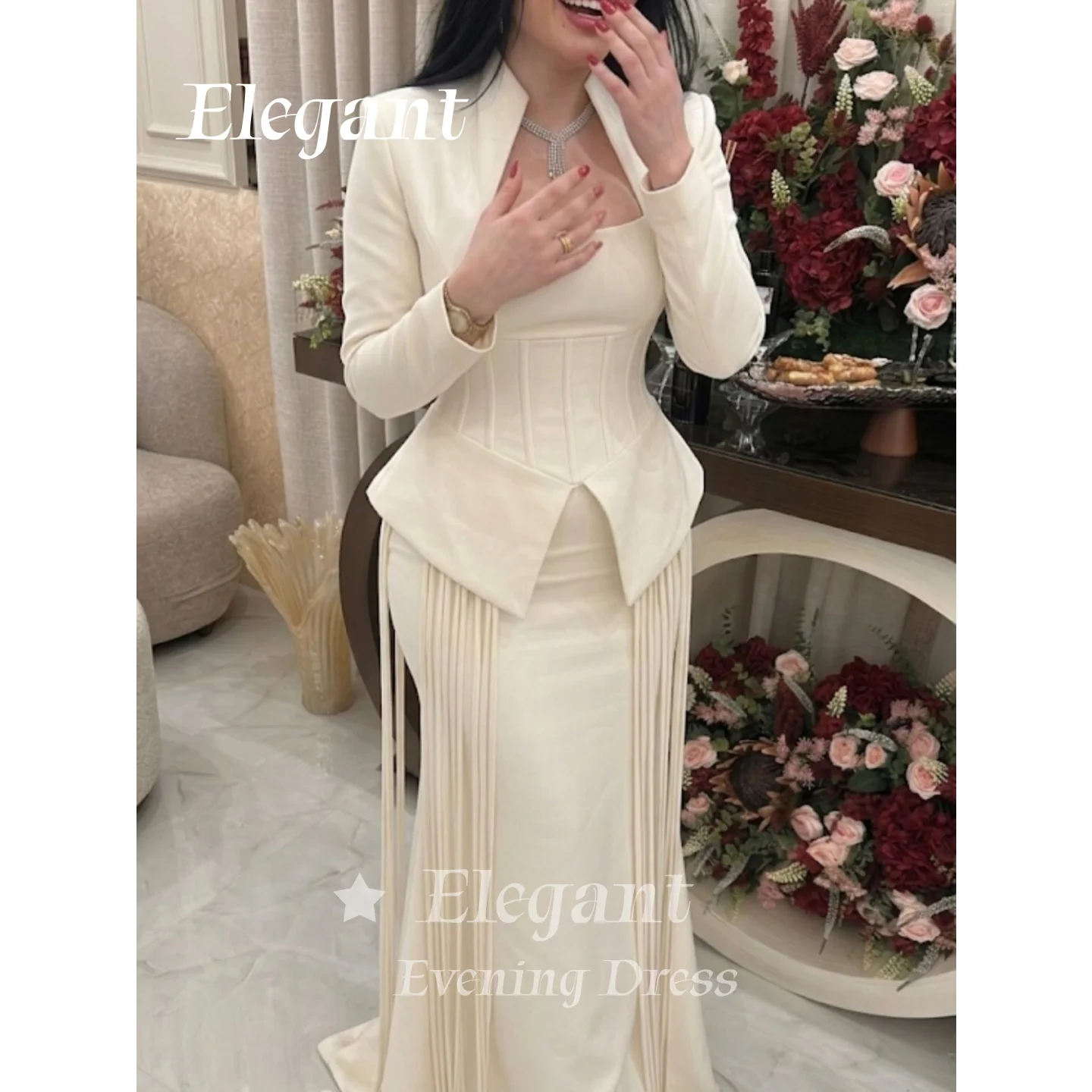 

Elegant Vintage Evening Gown Saudi Women Blazer Style Corset Top With Fringe Mermaid Prom Dress Wedding Party Gala Customize