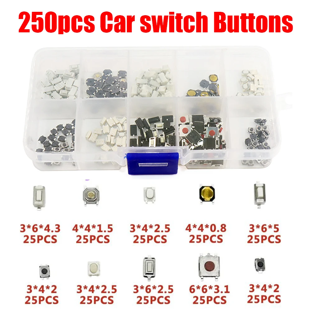 250PCS/1 Set 10-Types Tactile Push Button Switch Car Remote Control Keys Button Touch Micro Switch Locksmiths Essential Tools
