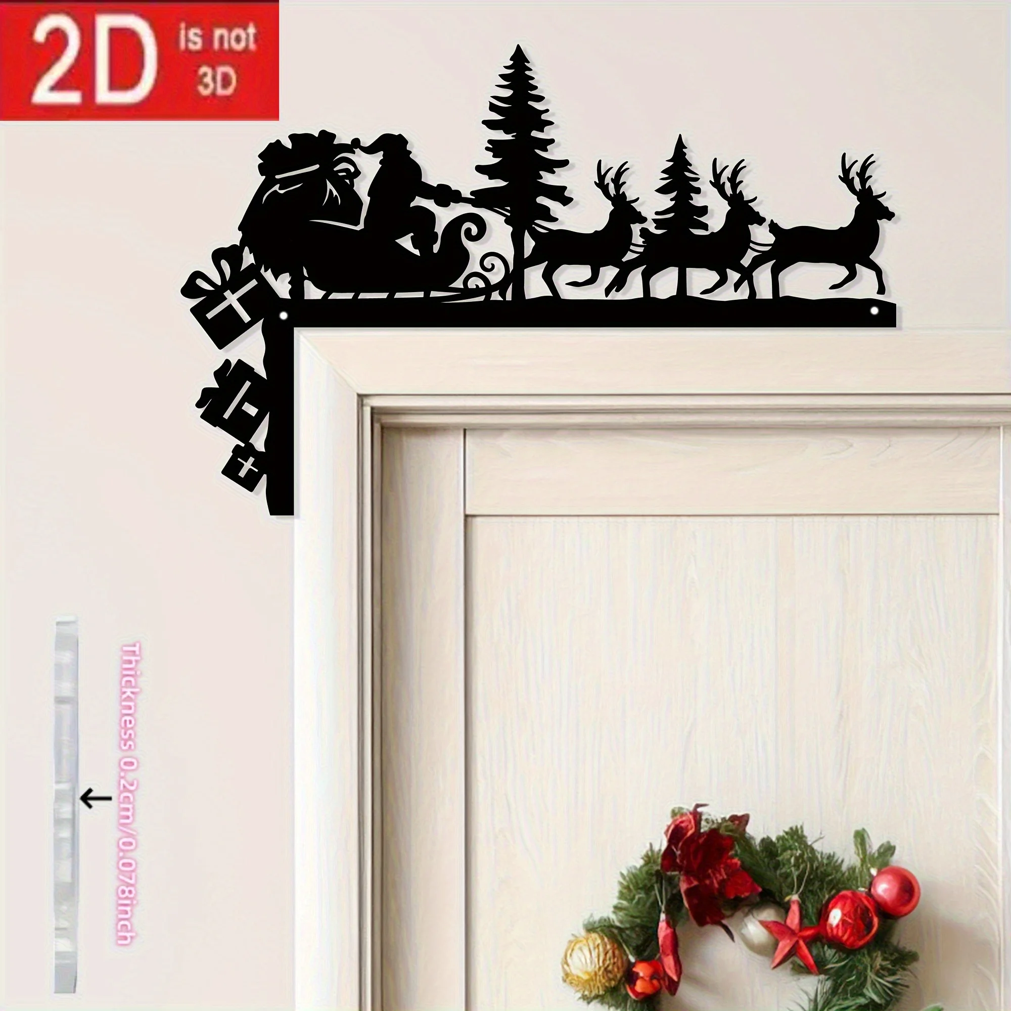 Christmas Santa Reindeer Sleigh Wooden Door Frame Corner Sign Winter Silhouette Door Topper Wall Art Holiday Home Decoration