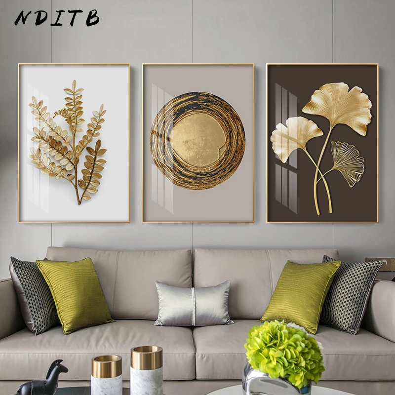 Golden Leaf Botanical Poster Ginkgo Biloba Abstract Plant Art Painting Canvas Print Wall Picture Mural Modern Living Room Decor