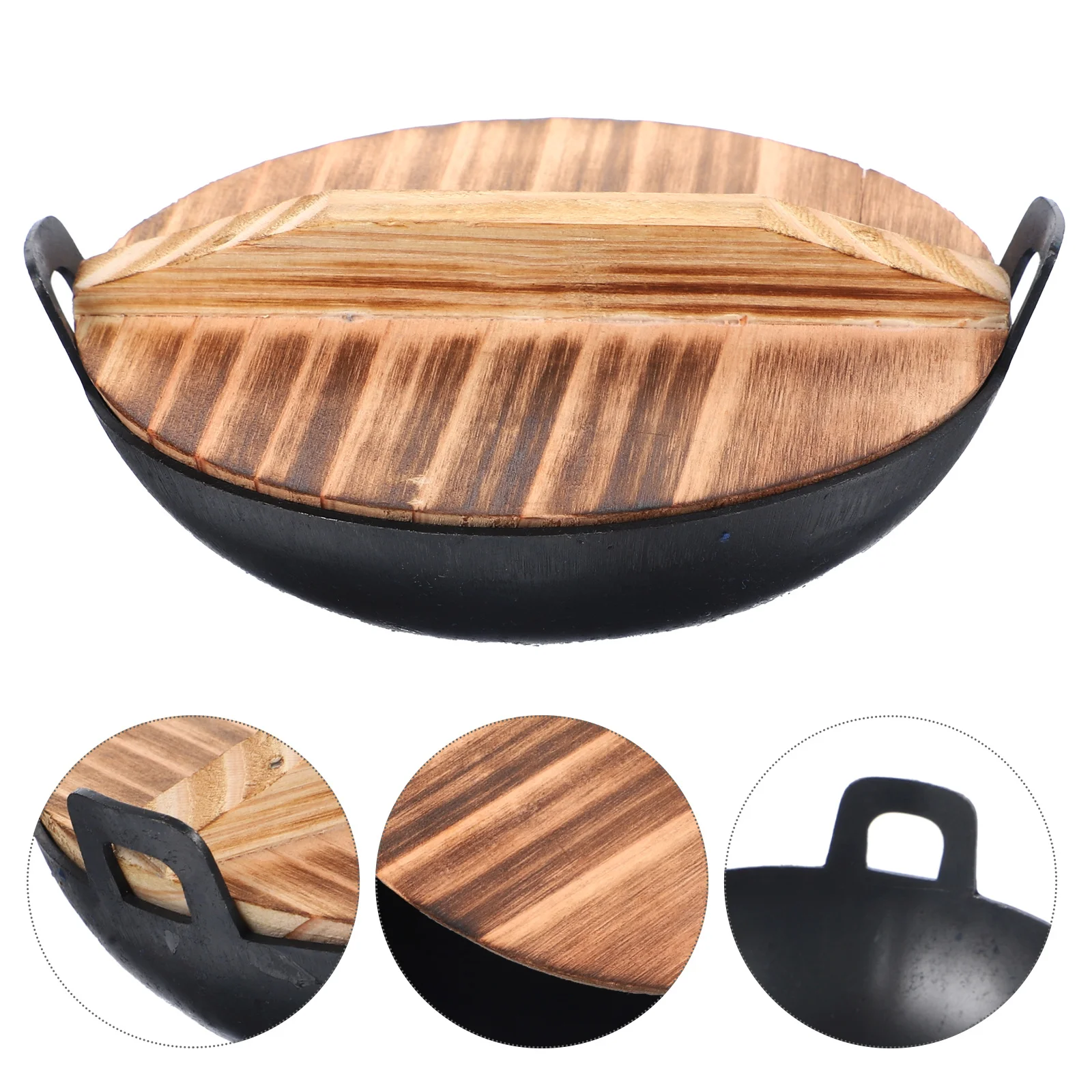 1 conjunto mini wok de ferro utensílios de cozinha tampa de madeira em miniatura gadgets de cozinha criativo fingir ferramenta de cozinha mini casa panelas ornamento