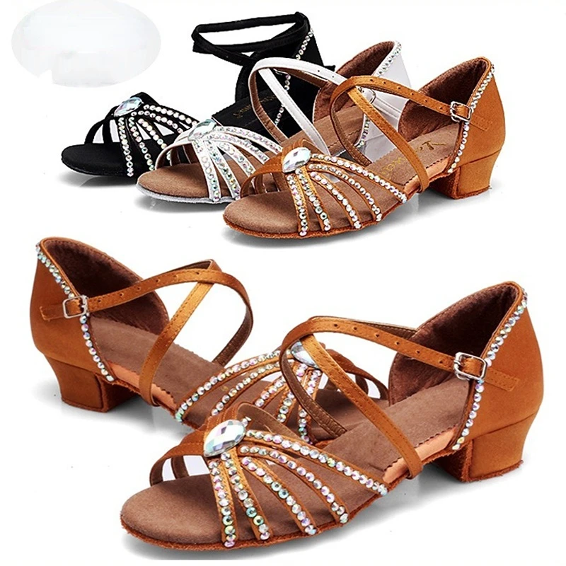 Zapatos de baile latino para niñas y mujeres, zapatos de tacón bajo, gamuza de satén de cristal, Tango, baile de salón competitivo, zapatos de baile de Salsa