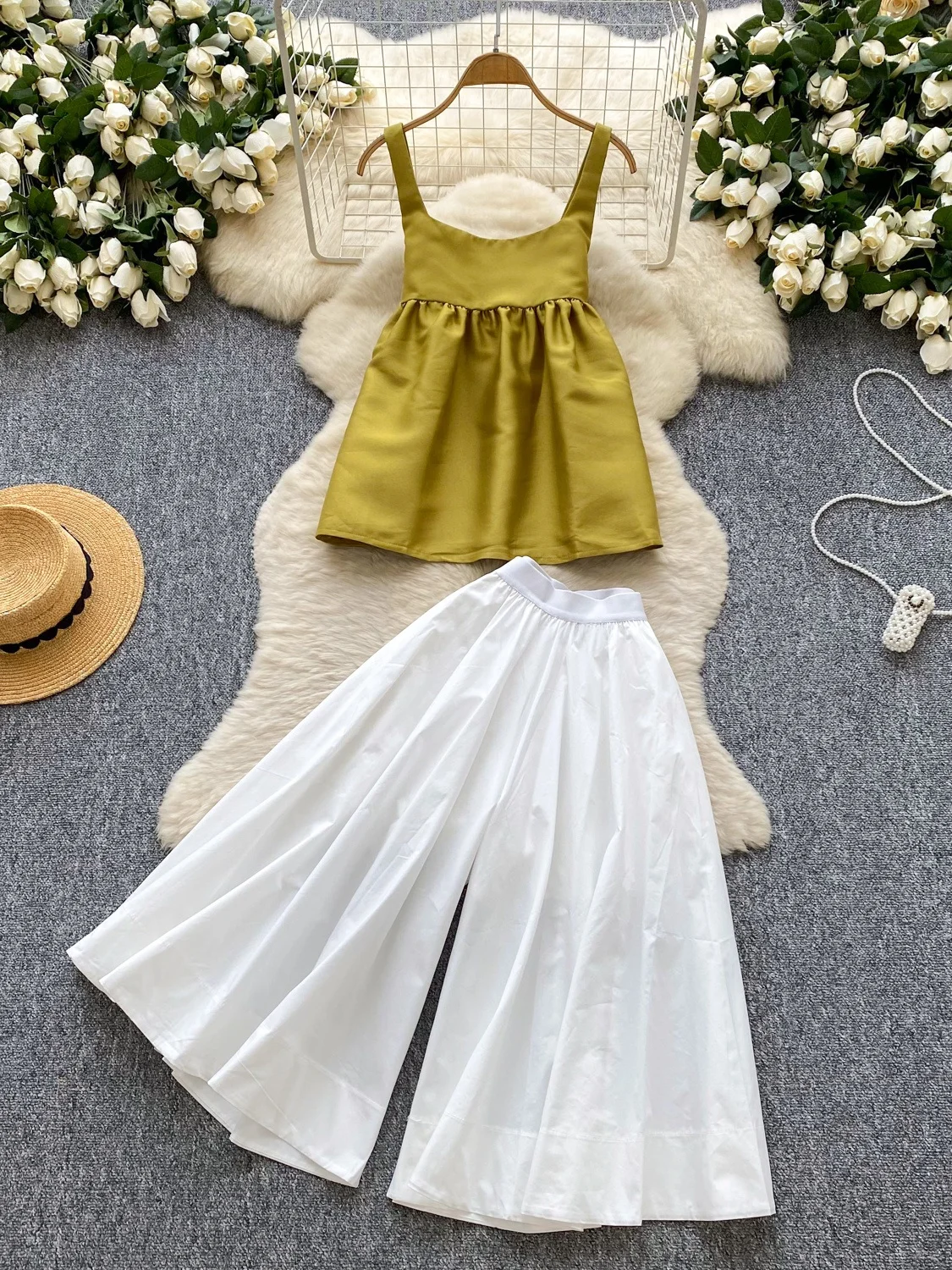 

Loose Comfortable Women's Summer Faion een Strap Doll irt Vest Wide Leg Pants Set Casual Sle Student Work orm