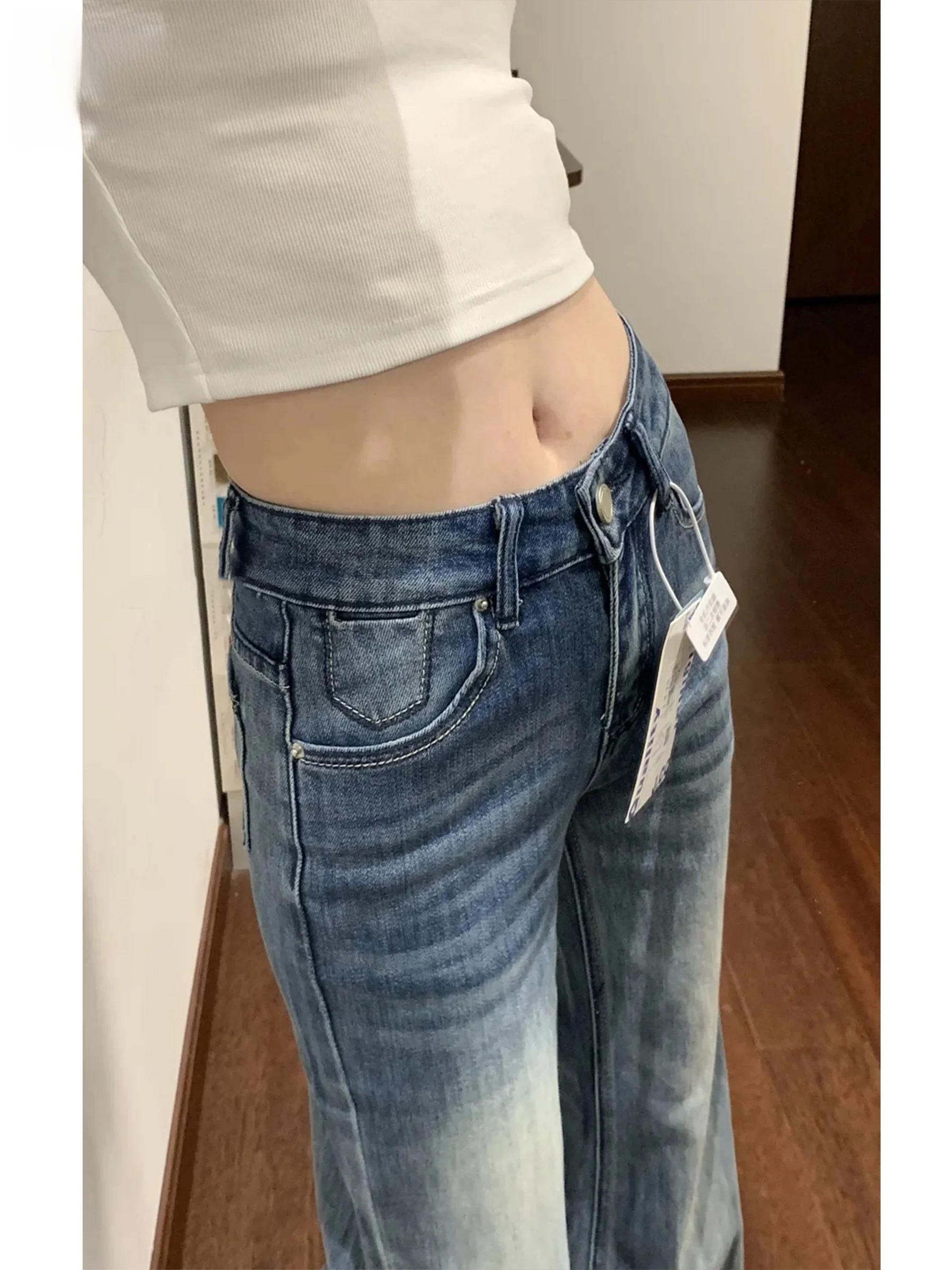 

Low Waist Bell Bottom Denim Jeans Women's Spring Summer Slimming Vintage Design Light Blue Elastic Casual Fashion Jeans