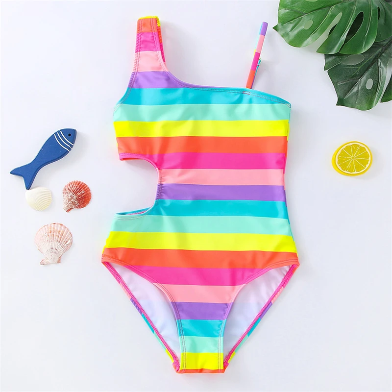 Girls One Piece Swimwear Colorful Strpes Summer Bathing Suits