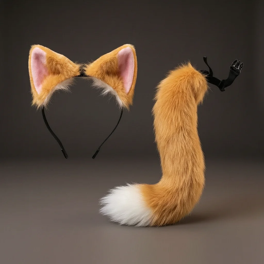 Costume Accessory Set Fox Ears and Tail Soft Faux Fur Hair Band Animal Themed Cosplay Halloween Party