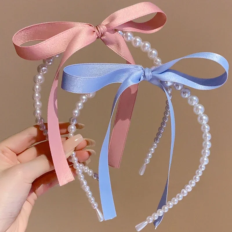 Banda para el pelo de perlas dulces para mujer, cinta de lazo de satén rosa, diadema para niñas dulces, diadema para el cabello, accesorios de joyería