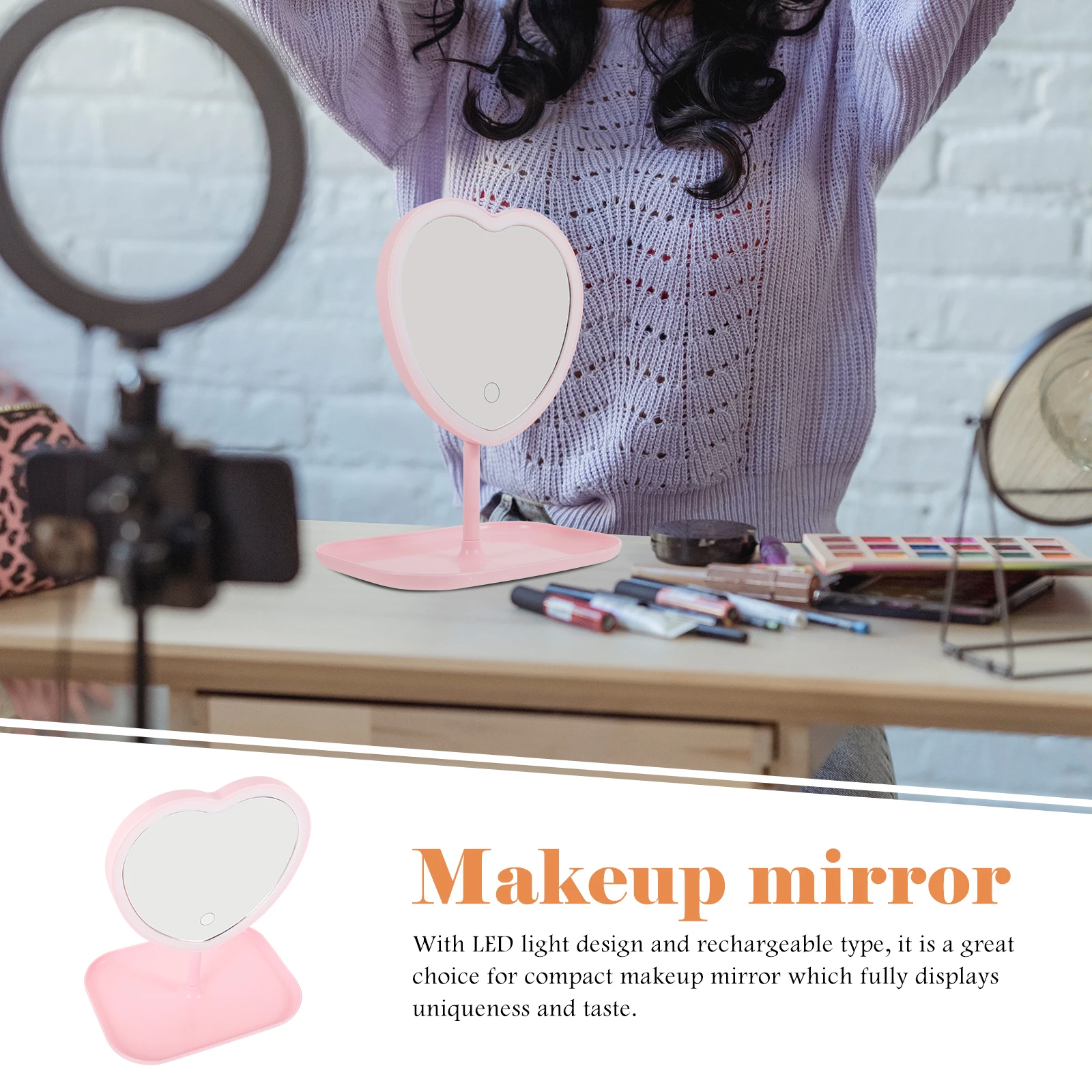 

Heart shaped Makeup Mirror USB Rechargeable LED Light Desktop Table High definition Clear Reflection Non for Beauty