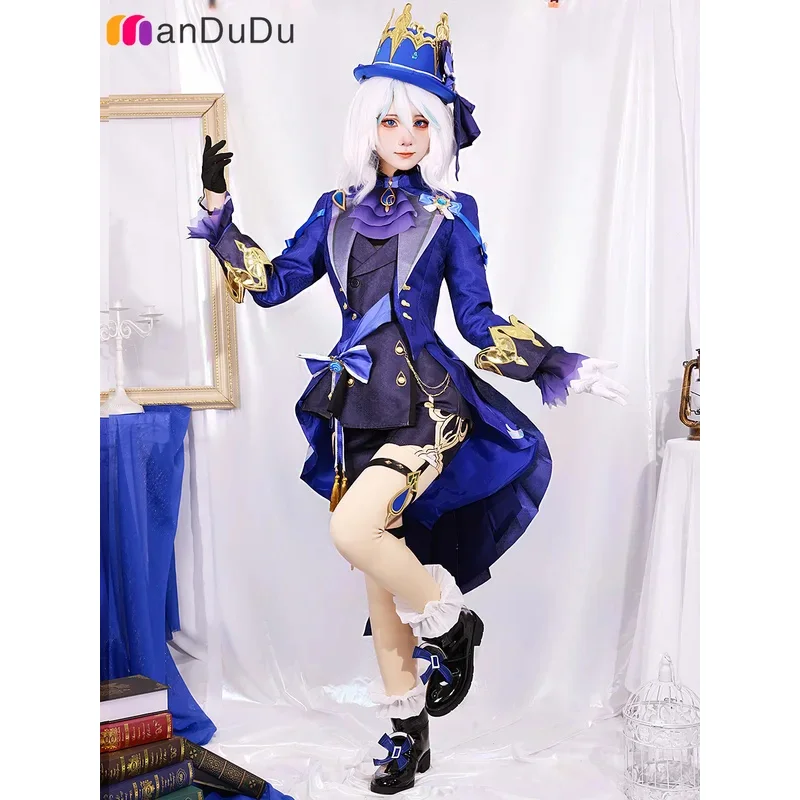 أسود Furina de Fontaine Focalors تأثيري حلي Genshin تأثير لعبة لعب الأدوار الباروكات كوميك كون المهنية ثلاثية الأبعاد الرسوم المتحركة الدعامة