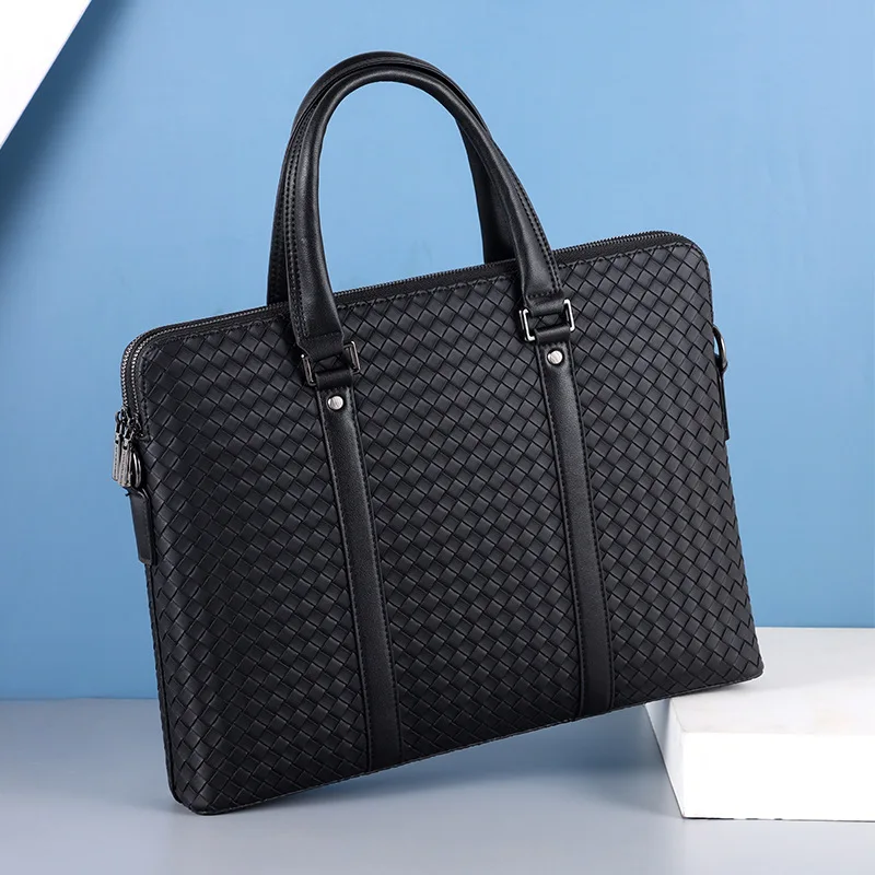 

New Men's Briefcase Single Shoulder-Body Woven Double-Layer Casual Korean Fashion-Border Computer Tote Men Whole