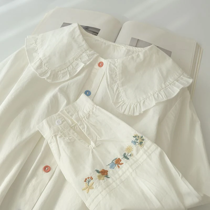 MEXZT Vintage Weiße Shirts Frauen Harajuku Preppy Floral Stickerei Blusen Koreanische Langarm Peter Pan Kragen Casual Tops Neue