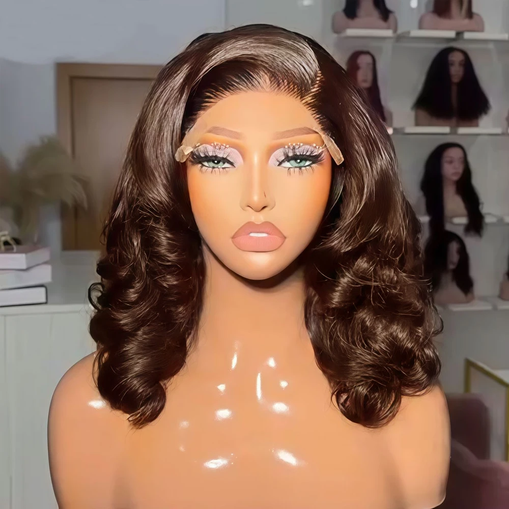 

Short Bob Wig 13x4 HD Lace Front Wig Loose Wave Chocolate Brown Bob Wigs 100% Human Hair Lace Wigs For Women 250% Density