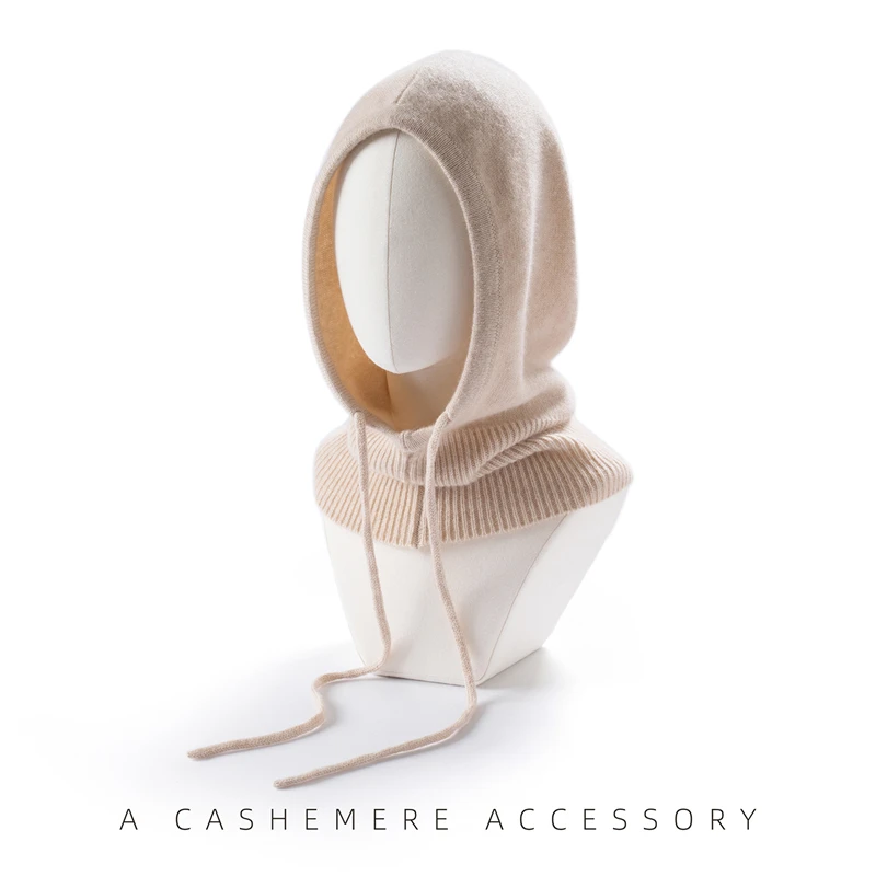 Quality Women's 100% Cashmere Hat Bib Women's Winter Thickened Knitted Square Scarf Version Hat Collar Soft Warm Hooded Scarf