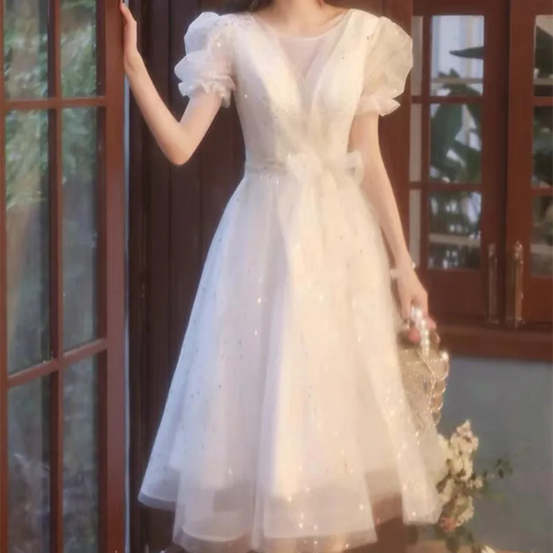 

French Sparkly White Exquisite Sequins Evening Dresses Elegant Formal A-Line Tulle Simple Tea-Length Prom Party Wedding Gown New