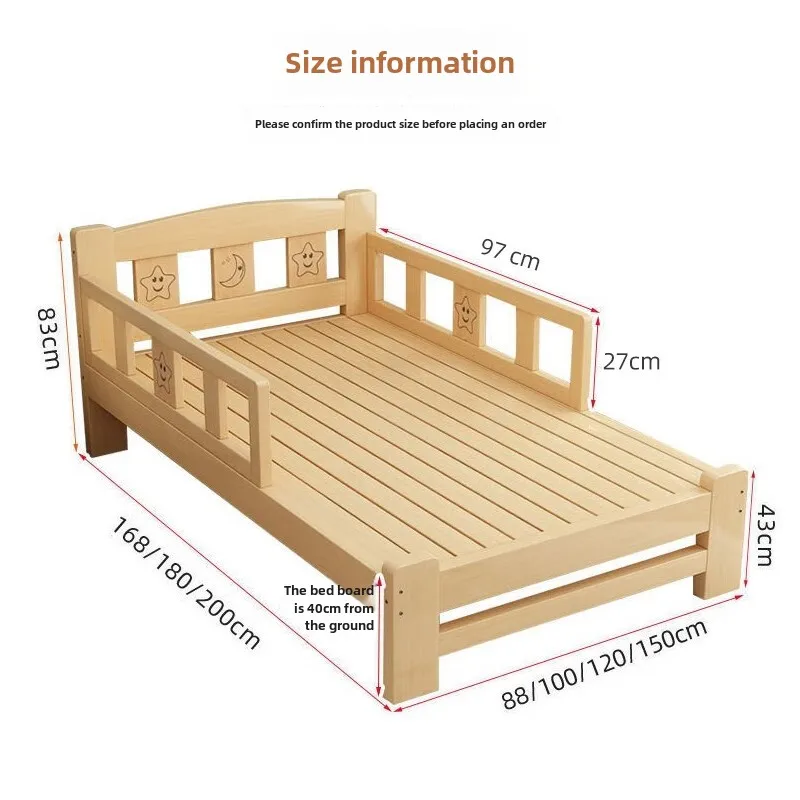 Solid wood bed Children's guardrail bed Simple boys and girls princess bed Pine splicing single bed, log color bare bed 168 leng