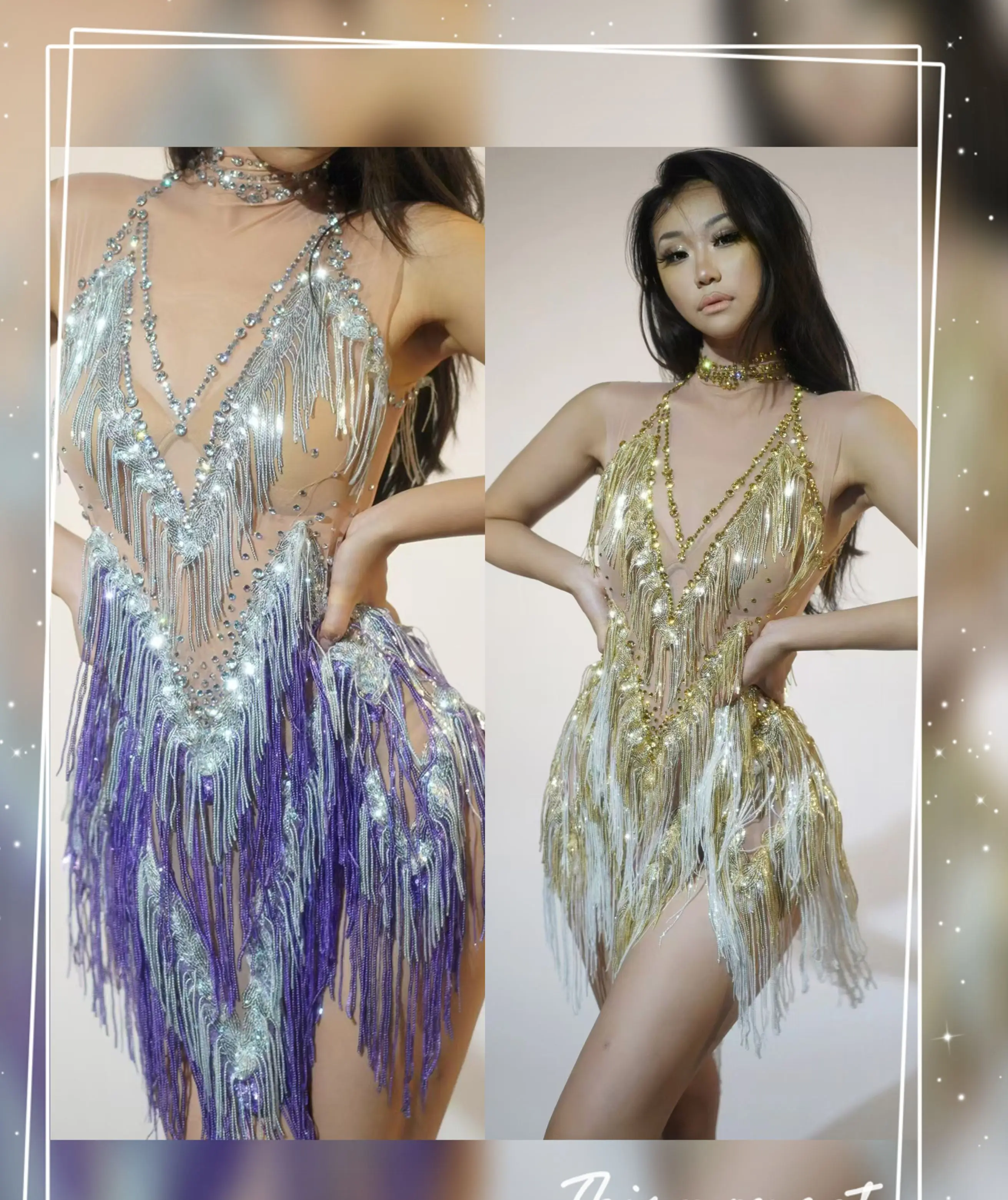 

New Tassel Gold Purple Sequin Dress Sexy Jazz Latin Dance Performance Outfit Nightclub Bar Singer Party Prom Stage Rave Costume