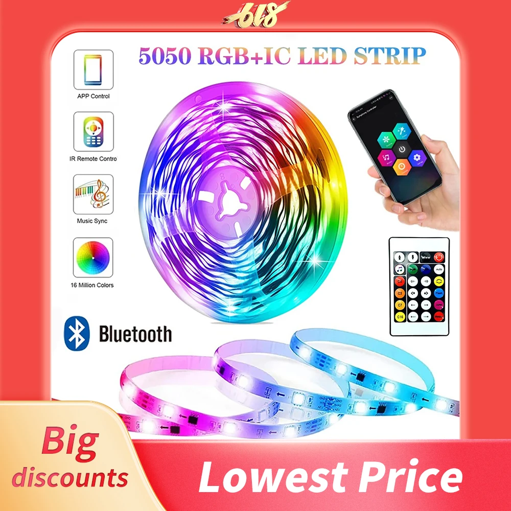 RGBIC LED Strip 5050 Bluetooth App Control Rainbow Chasing Effect Lights Flexible Tape Diode Ribbon TV BackLight Room Decorate