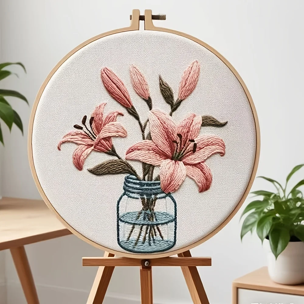 The New Creative DIY Embroidery Set Features Elegant Pink Lily And White Lily Patterns, Adding A Touch Of Beauty To Your Home De