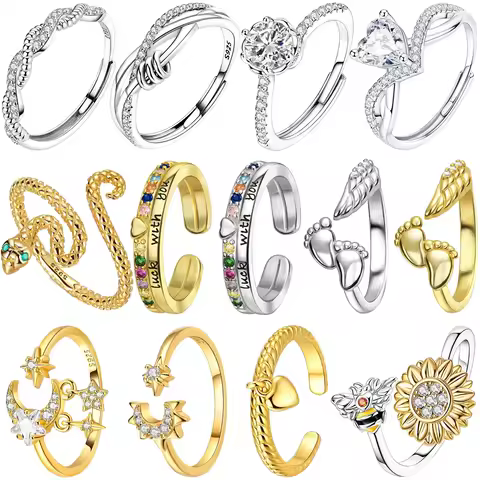 Original 925 Sterling Silver Open Ring Star &amp; Moon Foot Claw Heart Adjustable Ring For Women Wedding Birthday Party Jewelry Gift