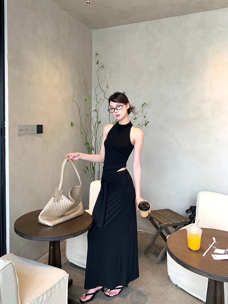 سترة نسائية صيفية بدون أكمام بتصميم أنيق، طقم من قطعتين باللون الأسود، بلوزة عصرية بأسلوب G للتنقل اليومي، تصميم مستقيم #2