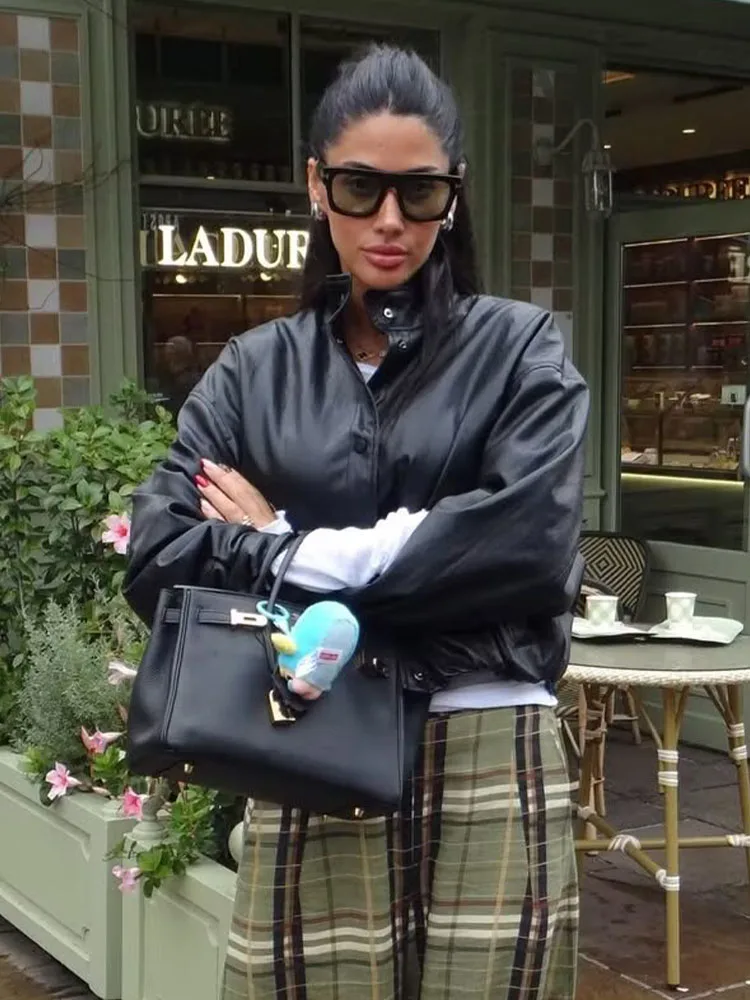 

HH Women Autumn Fashion Turtleneck Fiction Leather Bomber Coat Female Single Breasted Long Sleeve High Street Casual Jacket