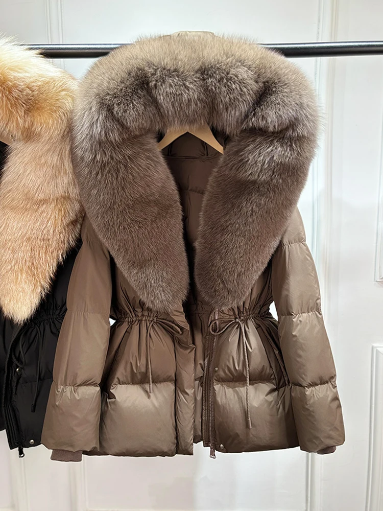 2026 New Winter Real Natural Fox Fur Collar Thick Wam Puffer Jacket Women Hooded Belt Slim White Duck Down Coat Waterproof Parka