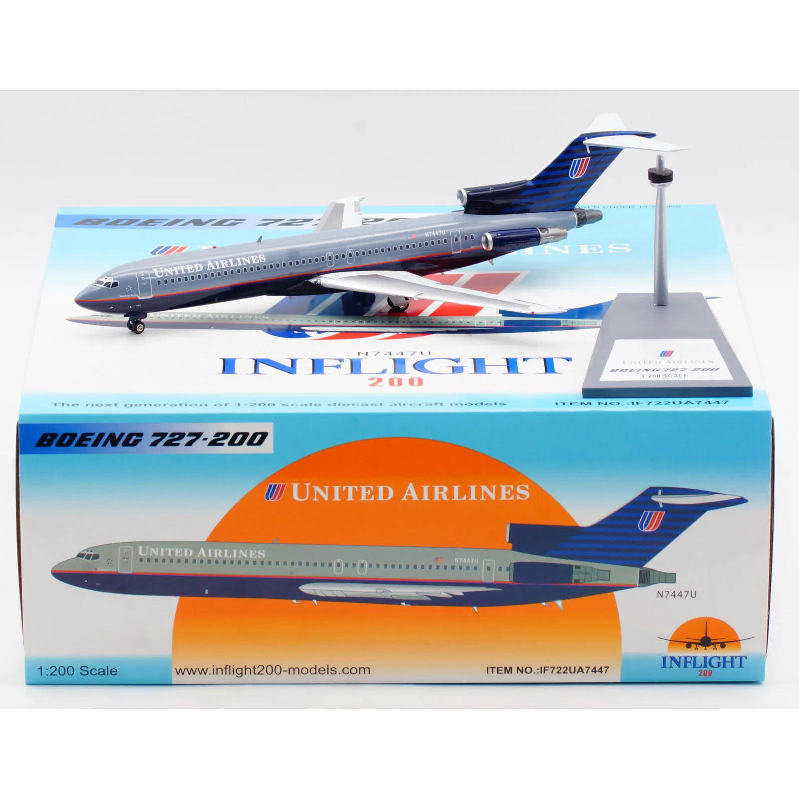 INFLIGHT-United Airlines Boeing B722UA7447 Diecast Aircraft Jet Model, presente avião colecionável, liga, 1:200, B727-200, N7447U