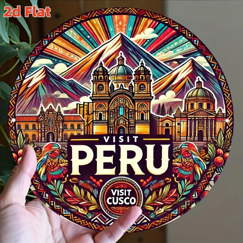 لوحة فنية جدارية معدنية مسطحة ثنائية الأبعاد لمدينة بيرو كوسكو - زخرفة ثقافية أنندية مستديرة مقاس 7.8 بوصة معبد ماتشو بيتشو وإنكا للشمس