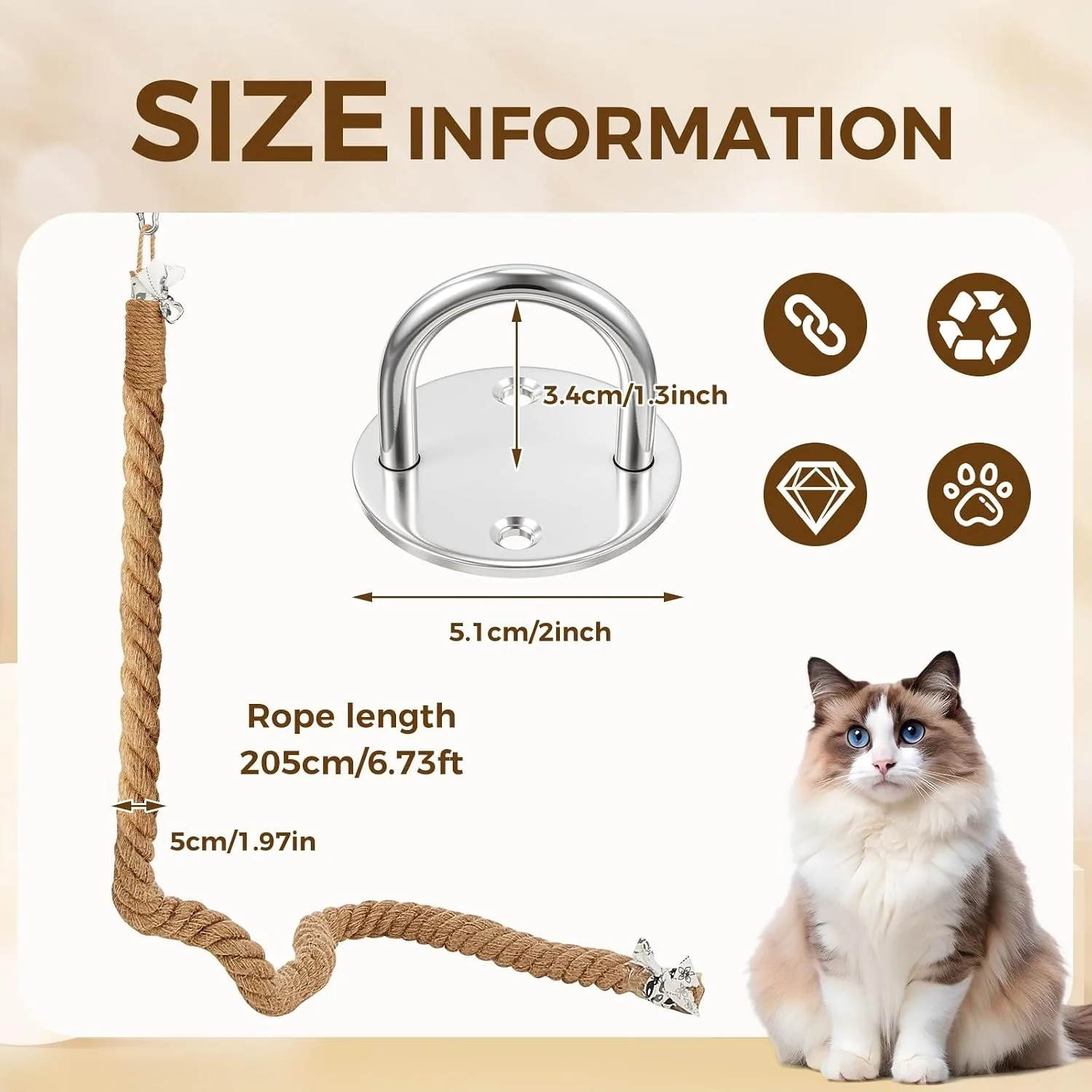 Cat Climbing Rope with Hook, Natural Jute Rope for Ceiling and Wall Mounted, Space Saving Kitten Scratching Post Toy