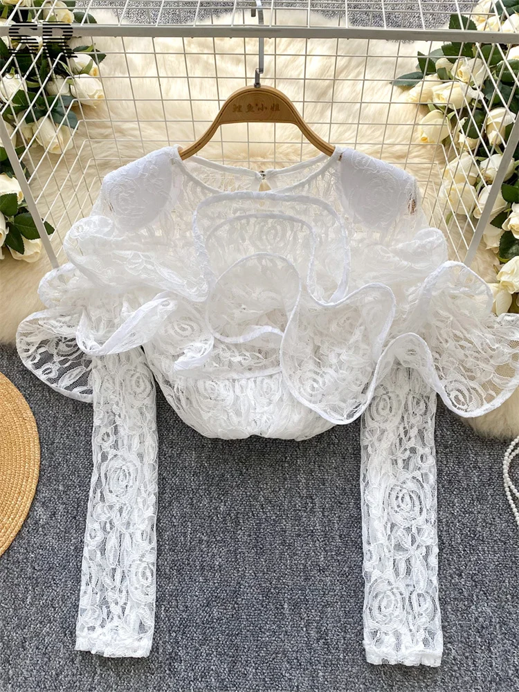 SINGREINY 3D Ruffles Camicie di pizzo sexy Donna Manica lunga O Collo Camicette di giuntura Slim Fit Streetwear Moda estiva Sheer Chic Top