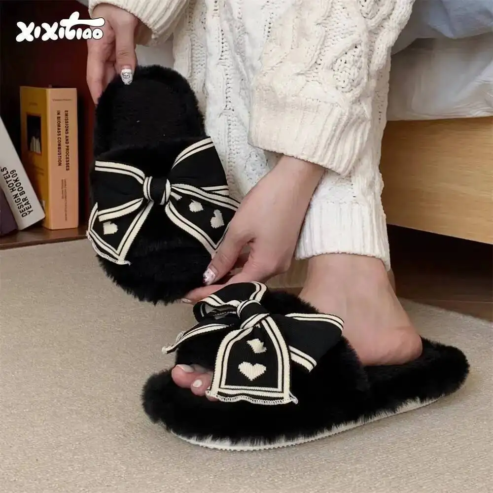Women's Furry Slippers Ins Style Heart Bow Design Autumn Winter Home Flat Slide Indoor Household Cotton Slippers