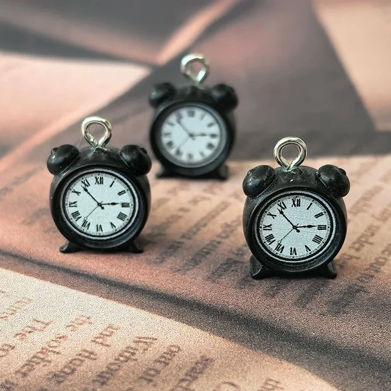 10pcs Mini Black Alarm Clock Pendant With Roman Numerals Dial Resin Charms Vintage DIY Jewelry Accessories For Necklace Earring