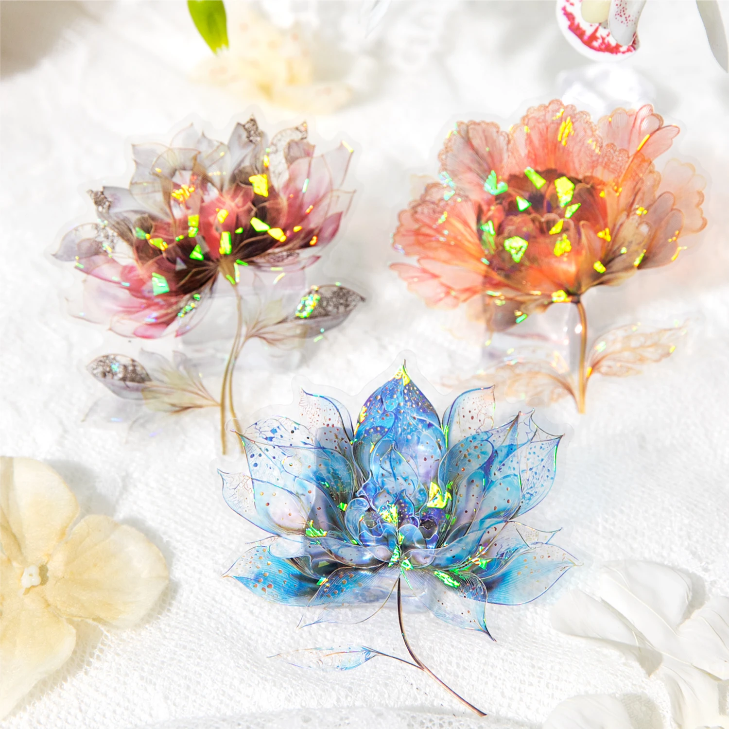 

12/60pcs Kawaii Ins Laser Gold Flower PET Stickers DIY Diary Phone Case Scrapbook Aesthetic Stickers Creative Stationery Sticker