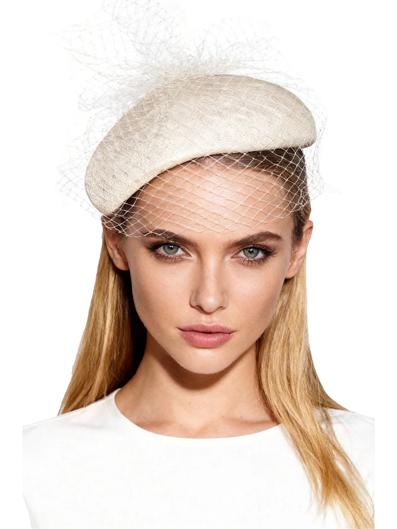 Elegant Sinamay Fascinator Hats in Beige White Black for Women Ladies - Vintage Tea Party Wedding Church Derby Hat with Veil for